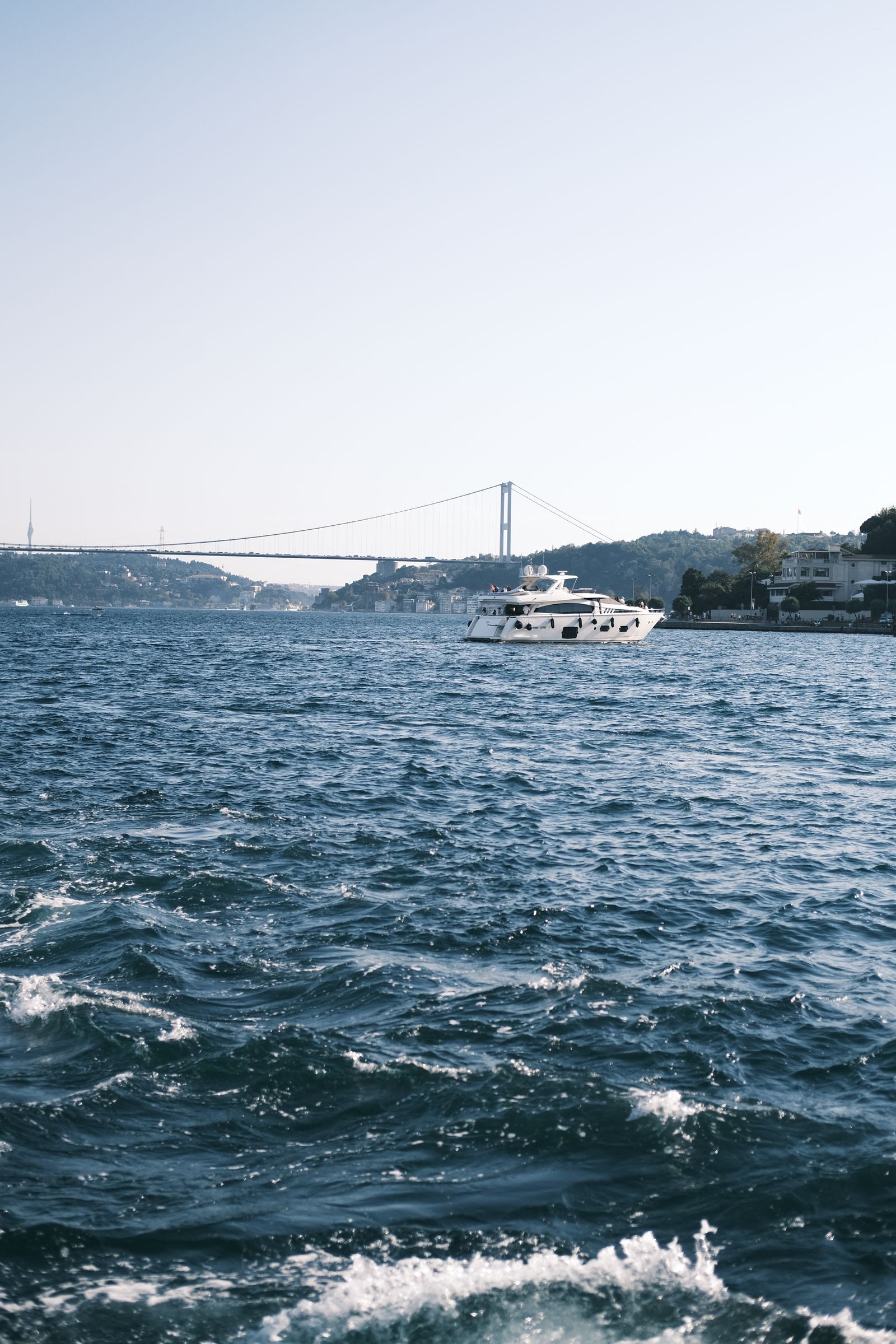 Yacht sailing past the wooded shores of the Bosphorus